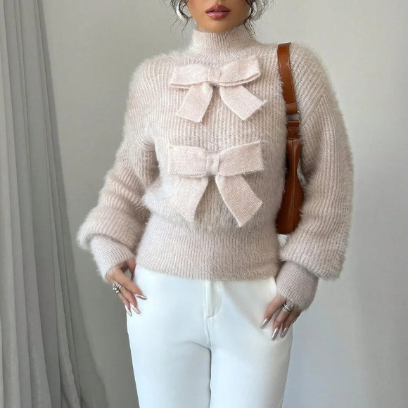 Apricot Casual Women's Stand Collar Bow Decor Sweater - Picture 5 of 7